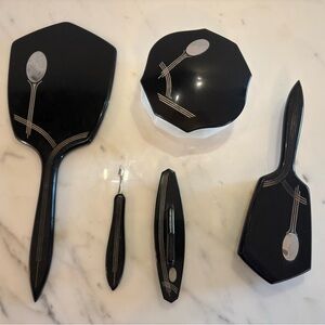 Vintage Black Art Deco Vanity Set - Mirror, Brush & Accessories